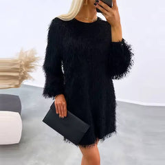 Elegant Fluffy Long Sleeve Christmas Party Mini Dress