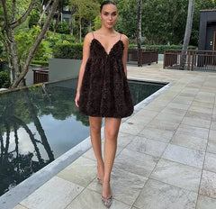 Elegant Fluffy Mesh V-Neck Sleeveless Flower Petal Design Mini Dress