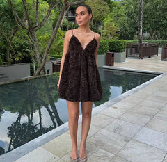 Elegant Fluffy Mesh V-Neck Sleeveless Flower Petal Design Mini Dress
