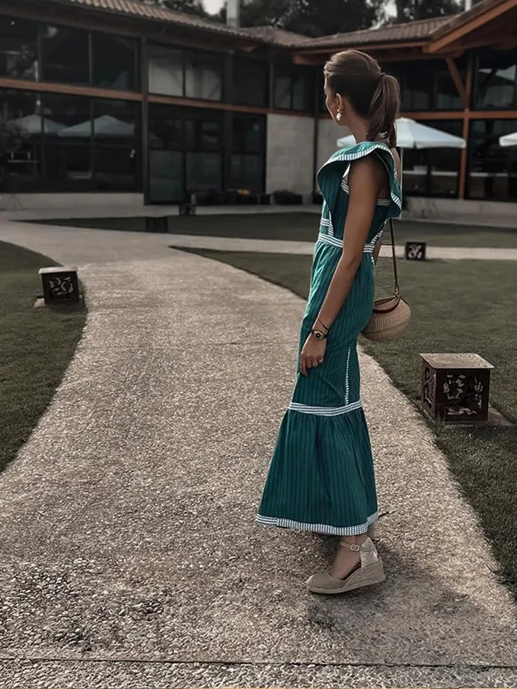 Elegant Flying Sleeve Striped Ruffled Pleated Square Collar Patchwork Maxi Dress