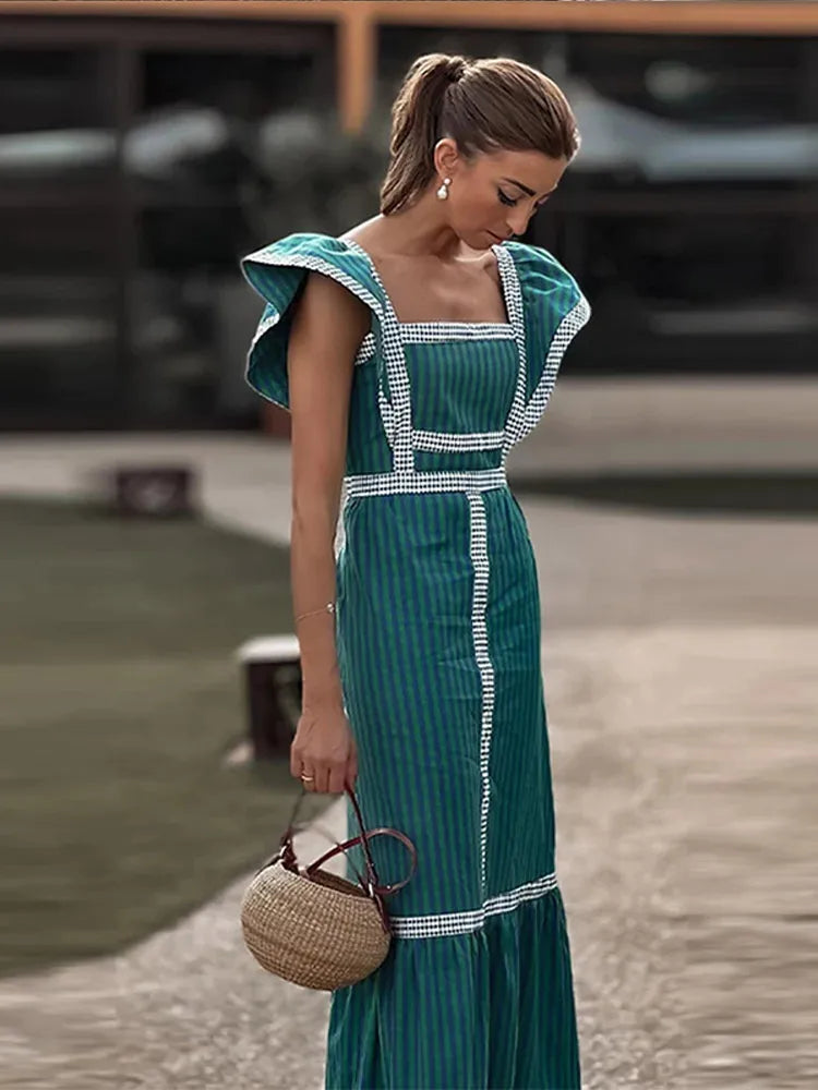 Elegant Flying Sleeve Striped Ruffled Pleated Square Collar Patchwork Maxi Dress