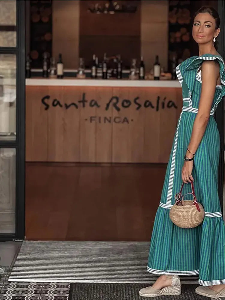 Elegant Flying Sleeve Striped Ruffled Pleated Square Collar Patchwork Maxi Dress