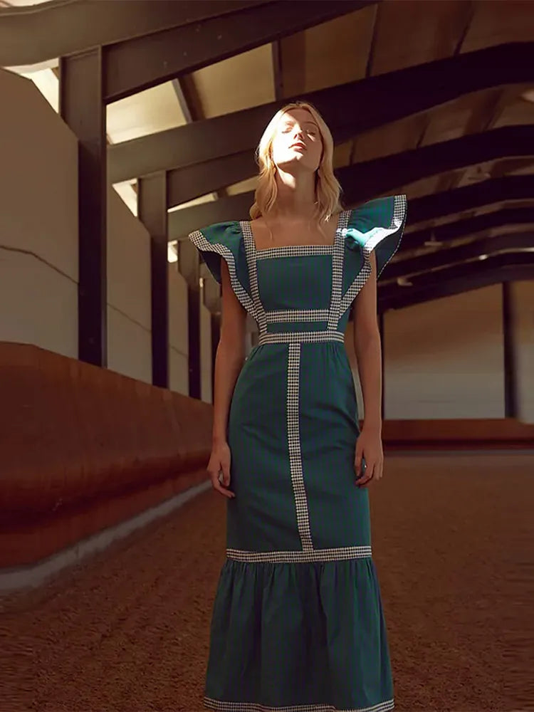 Elegant Flying Sleeve Striped Ruffled Pleated Square Collar Patchwork Maxi Dress