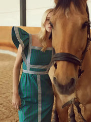 Elegant Flying Sleeve Striped Ruffled Pleated Square Collar Patchwork Maxi Dress