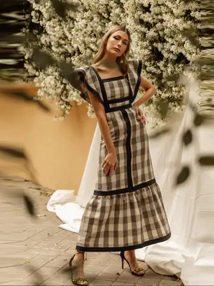 Elegant Flying Sleeve Striped Ruffled Pleated Square Collar Patchwork Maxi Dress