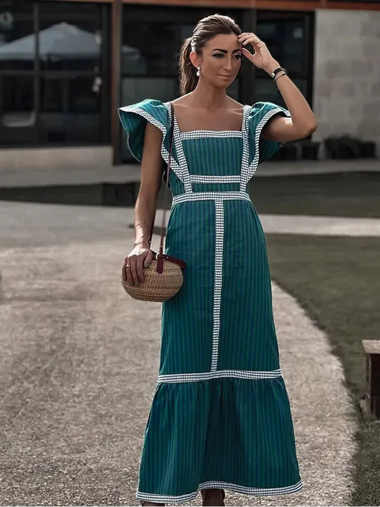 Elegant Flying Sleeve Striped Ruffled Pleated Square Collar Patchwork Maxi Dress