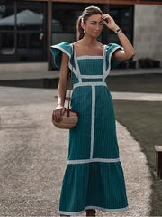 Elegant Flying Sleeve Striped Ruffled Pleated Square Collar Patchwork Maxi Dress