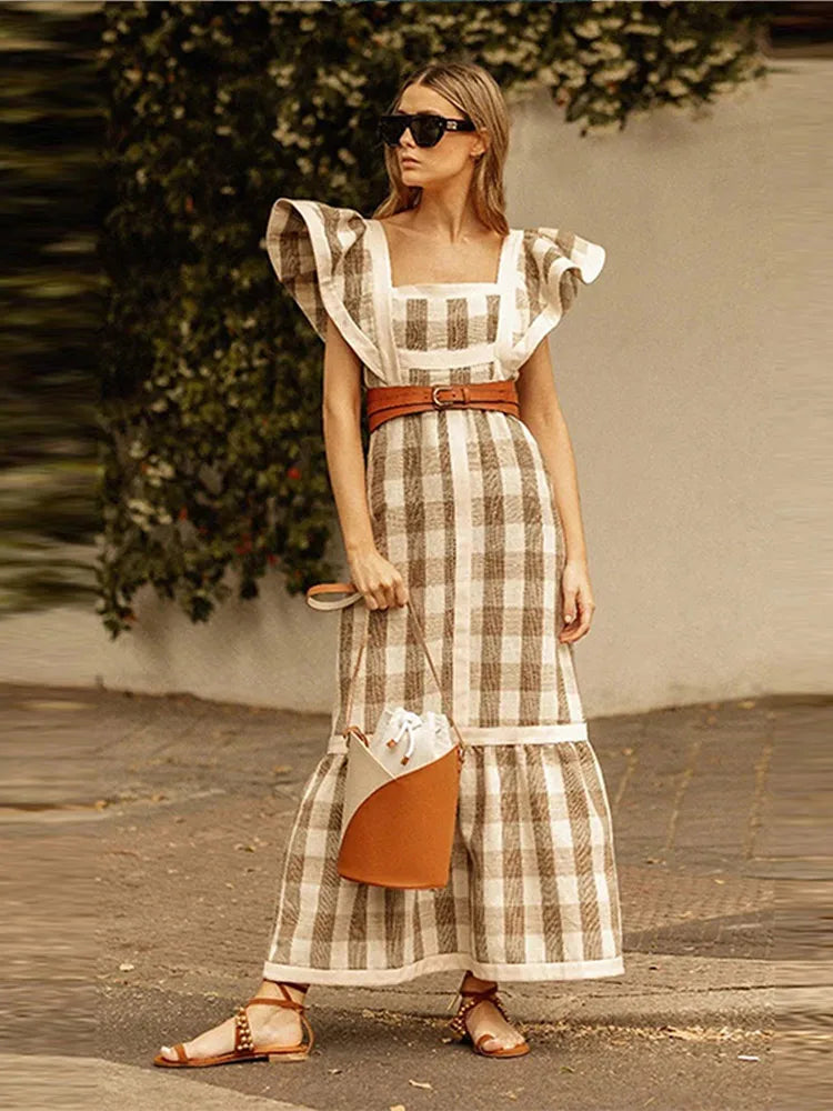Elegant Flying Sleeve Striped Ruffled Pleated Square Collar Patchwork Maxi Dress