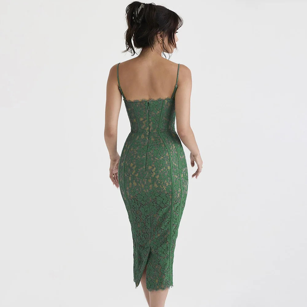 Elegant Formal Spaghetti Strap Lace Birthday Party Midi Dress