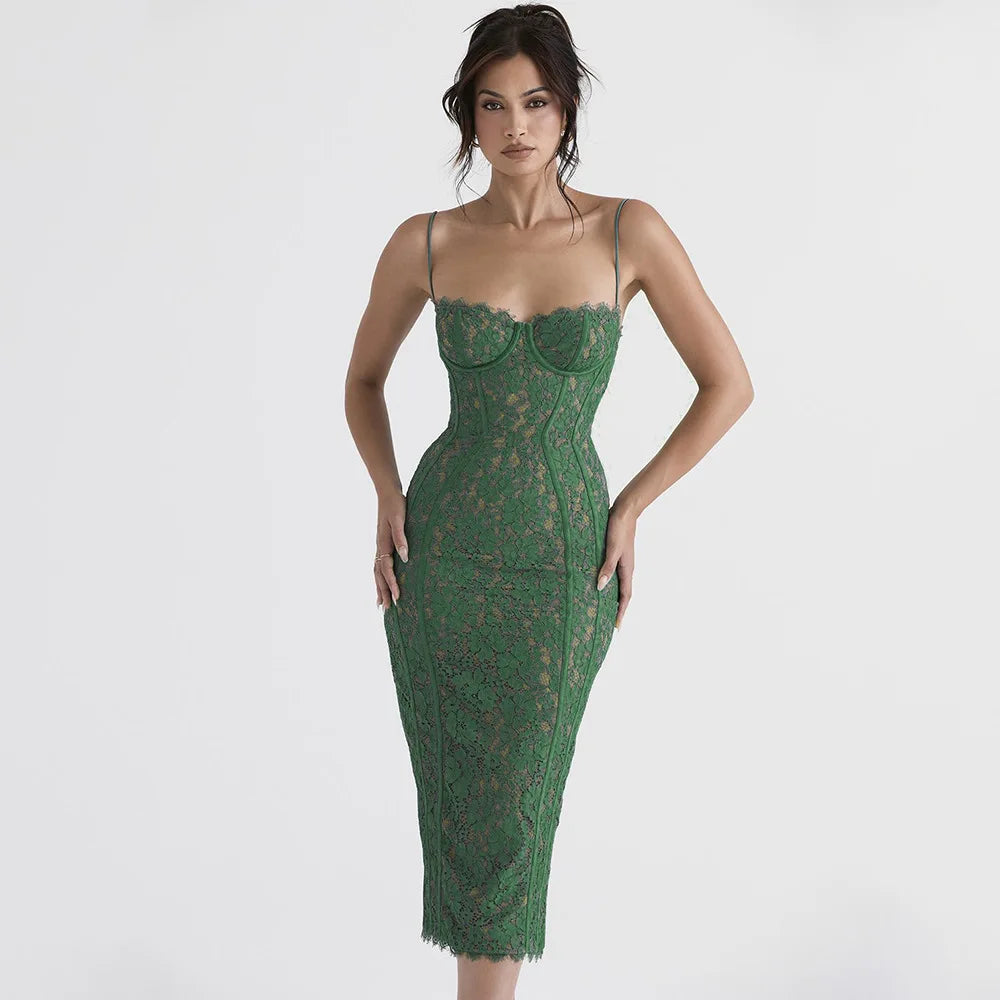 Elegant Formal Spaghetti Strap Lace Birthday Party Midi Dress