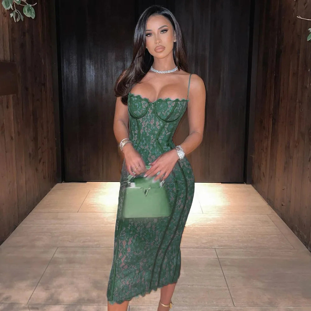 Elegant Formal Spaghetti Strap Lace Birthday Party Midi Dress