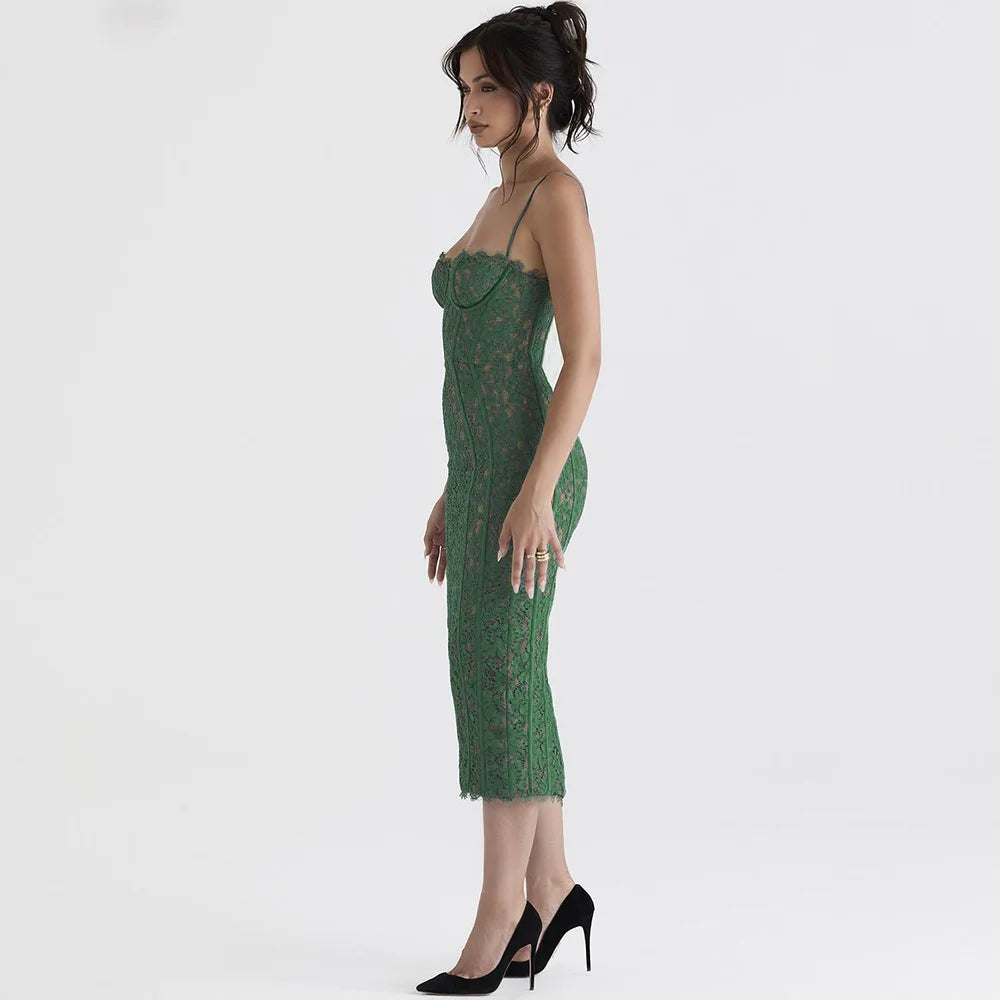 Elegant Formal Spaghetti Strap Lace Birthday Party Midi Dress