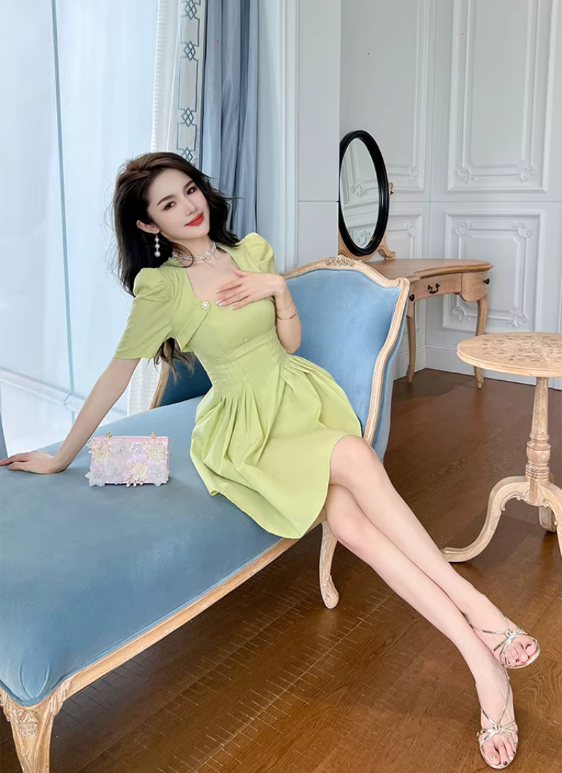 Elegant Formal Vintage Square Collar Slim Mini Short Princess Dress