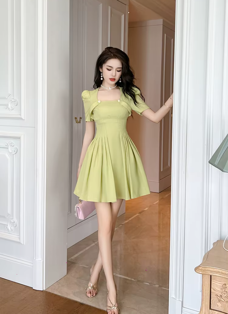 Elegant Formal Vintage Square Collar Slim Mini Short Princess Dress