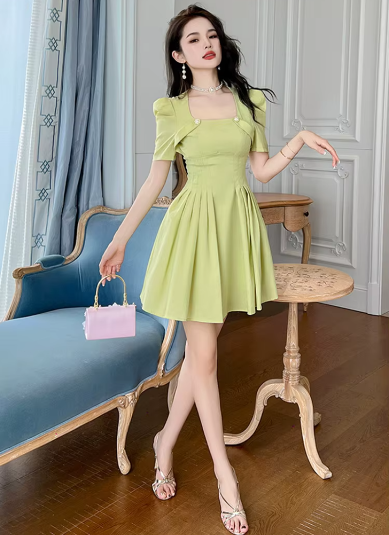 Elegant Formal Vintage Square Collar Slim Mini Short Princess Dress