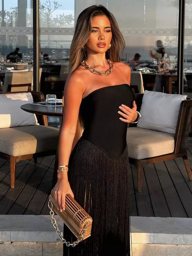 Elegant Fringe Hem Strapless Tube Sleeveless Maxi Dress