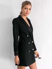 Elegant Front Button Double Breasted V-Neck Long Sleeve Office Blazer Dress