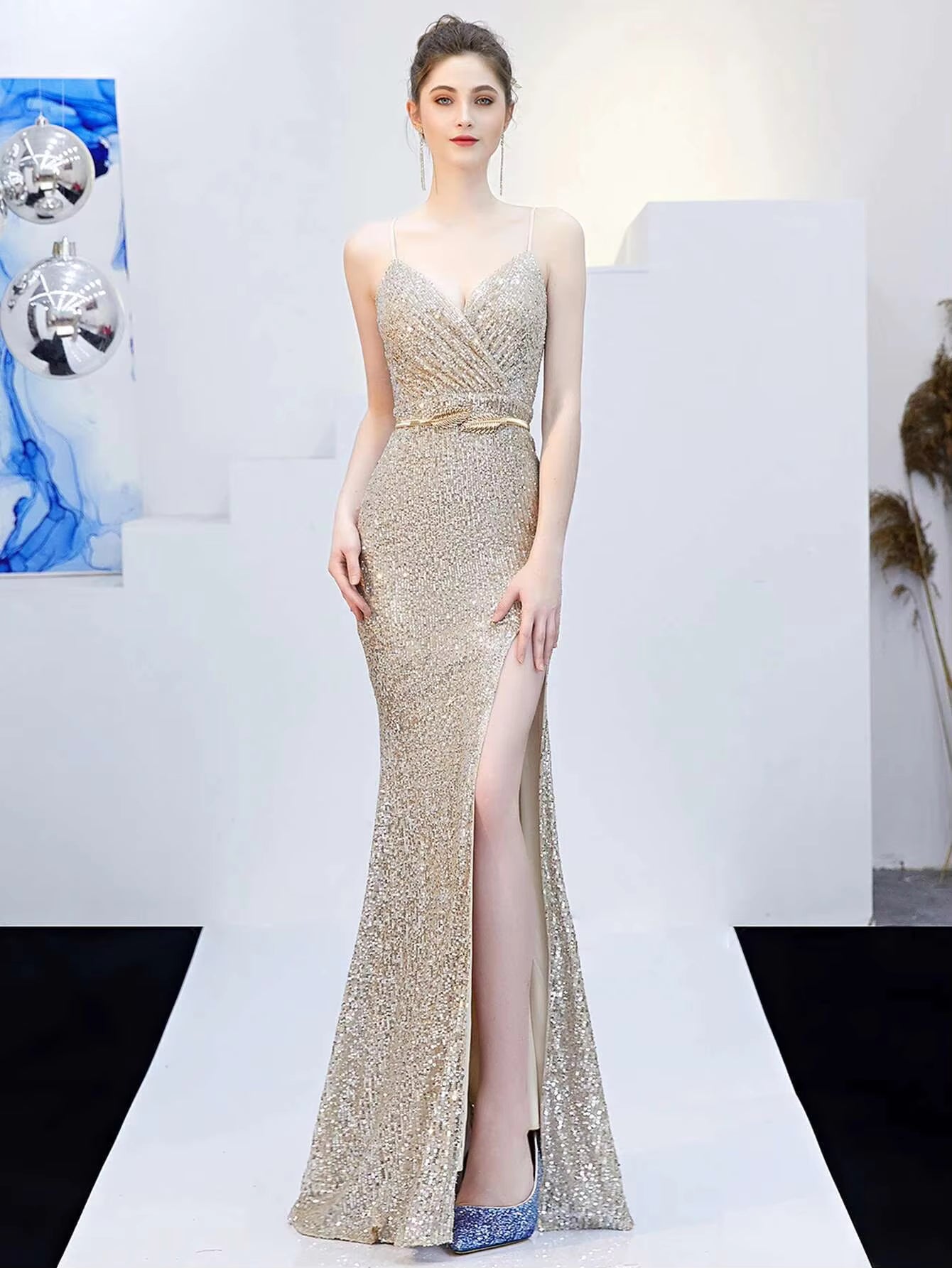 Elegant Fshtail Prom Backless Floor-Length Sequin Slip Long Dresses