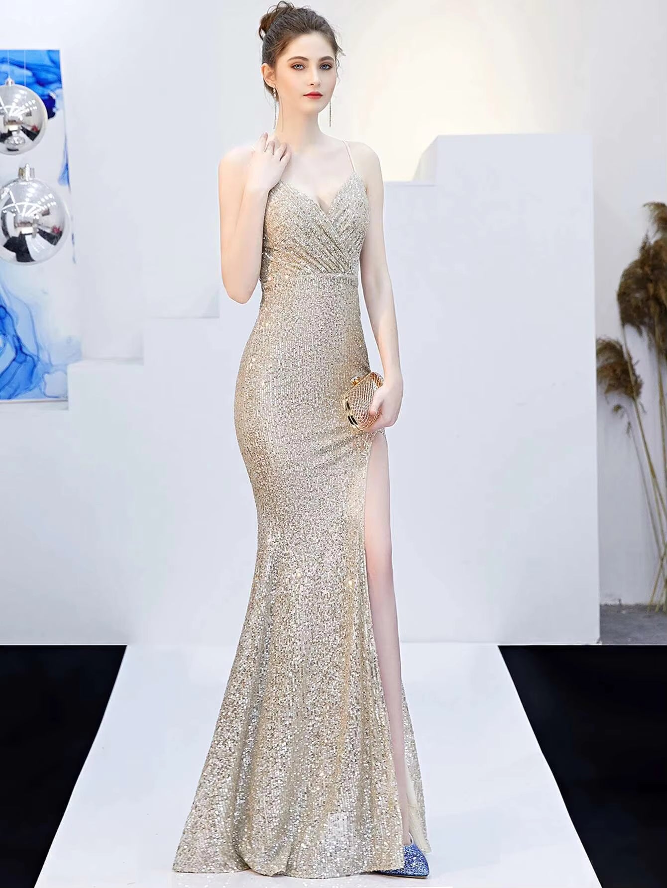 Elegant Fshtail Prom Backless Floor-Length Sequin Slip Long Dresses