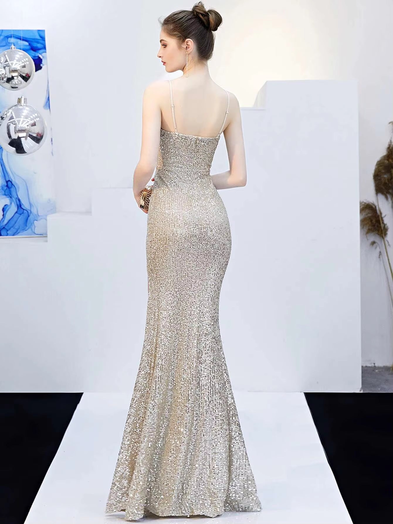 Elegant Fshtail Prom Backless Floor-Length Sequin Slip Long Dresses