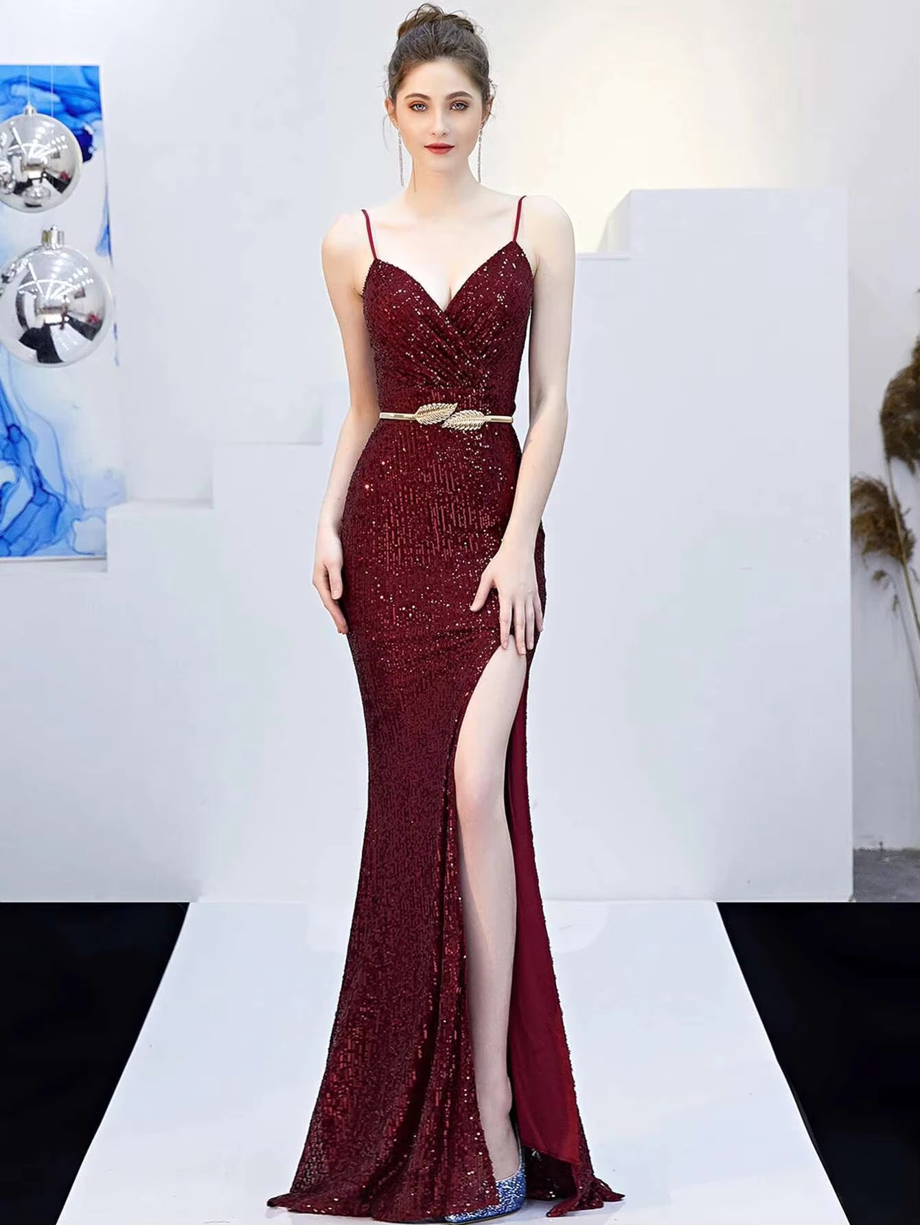 Elegant Fshtail Prom Backless Floor-Length Sequin Slip Long Dresses