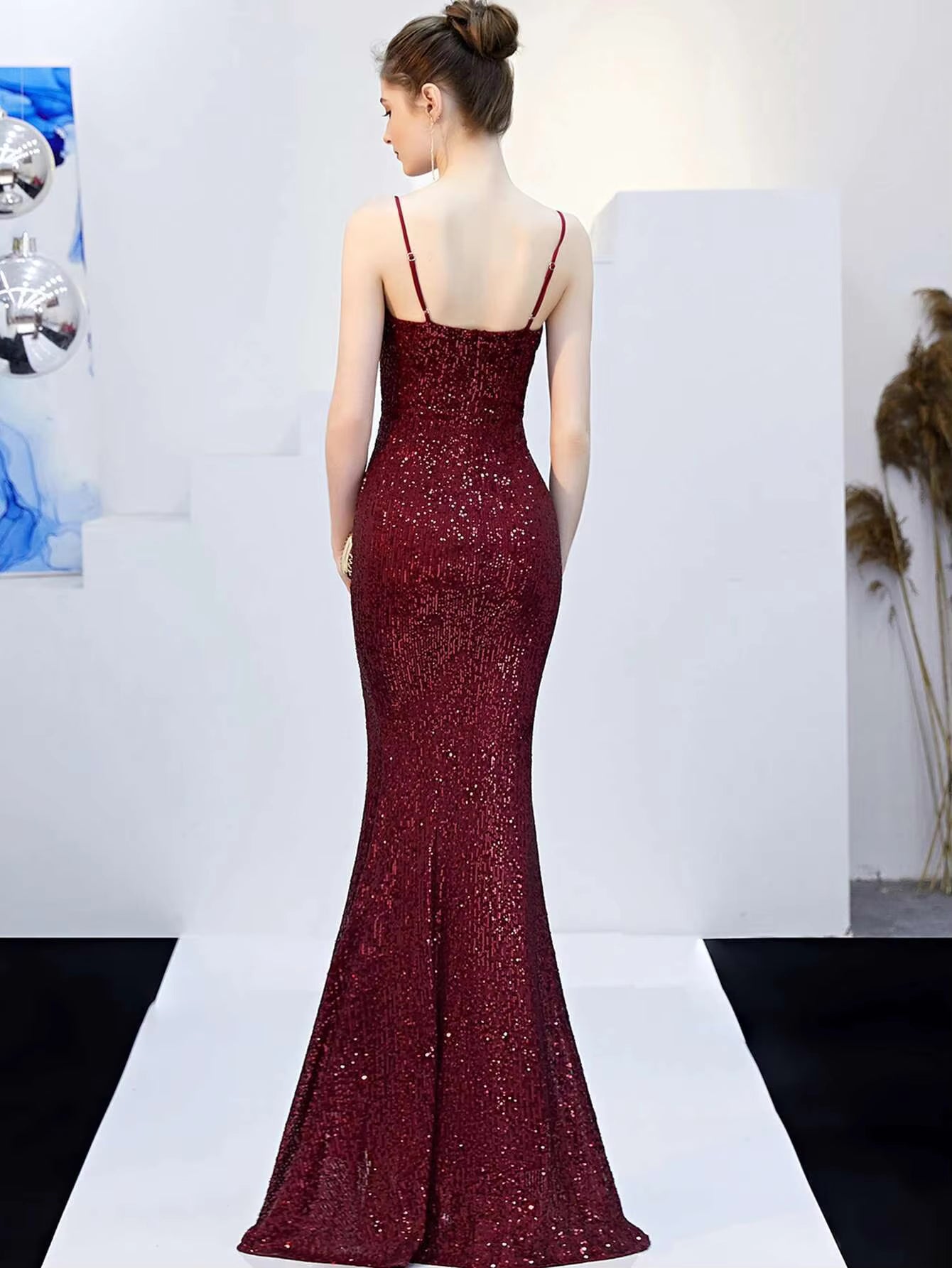 Elegant Fshtail Prom Backless Floor-Length Sequin Slip Long Dresses