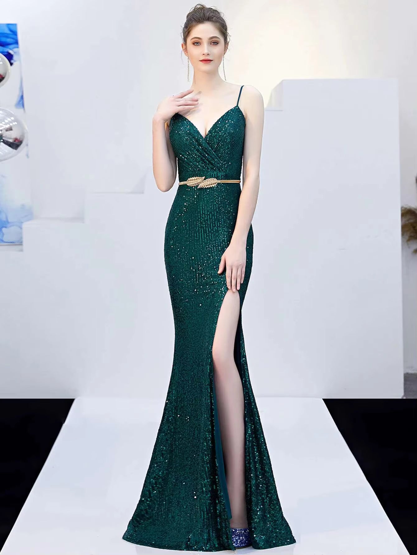 Elegant Fshtail Prom Backless Floor-Length Sequin Slip Long Dresses