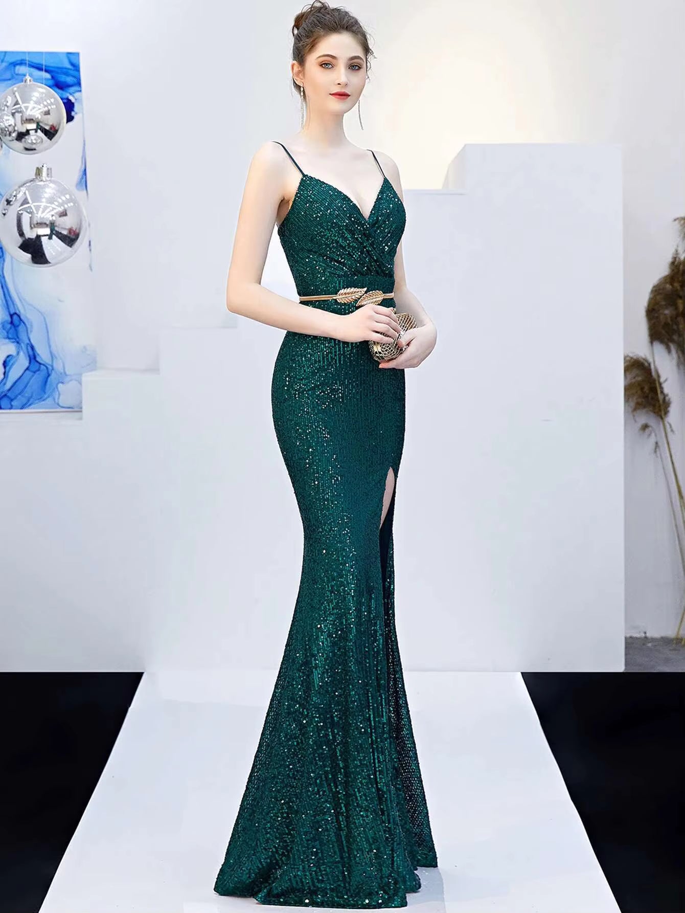Elegant Fshtail Prom Backless Floor-Length Sequin Slip Long Dresses