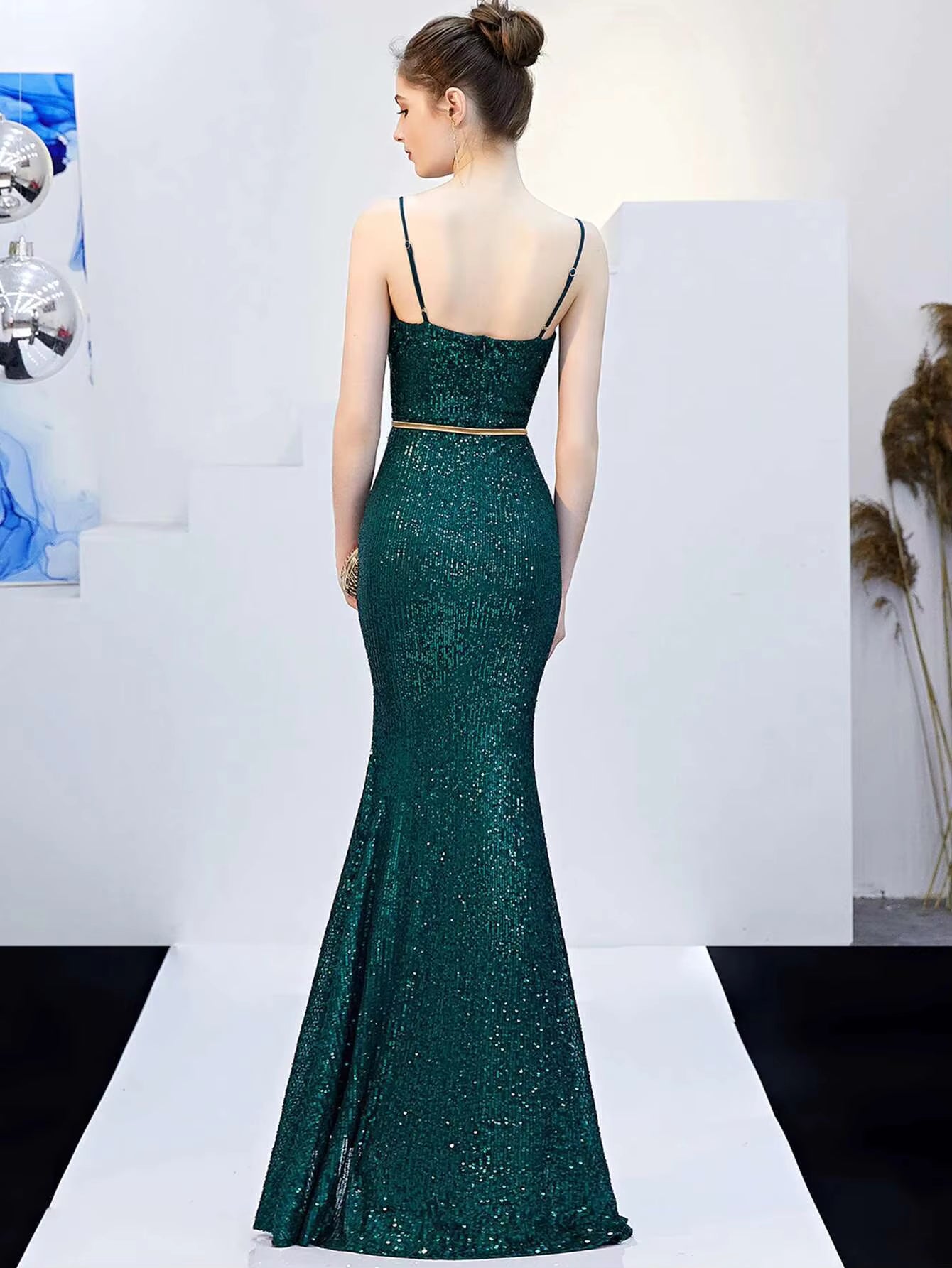 Elegant Fshtail Prom Backless Floor-Length Sequin Slip Long Dresses