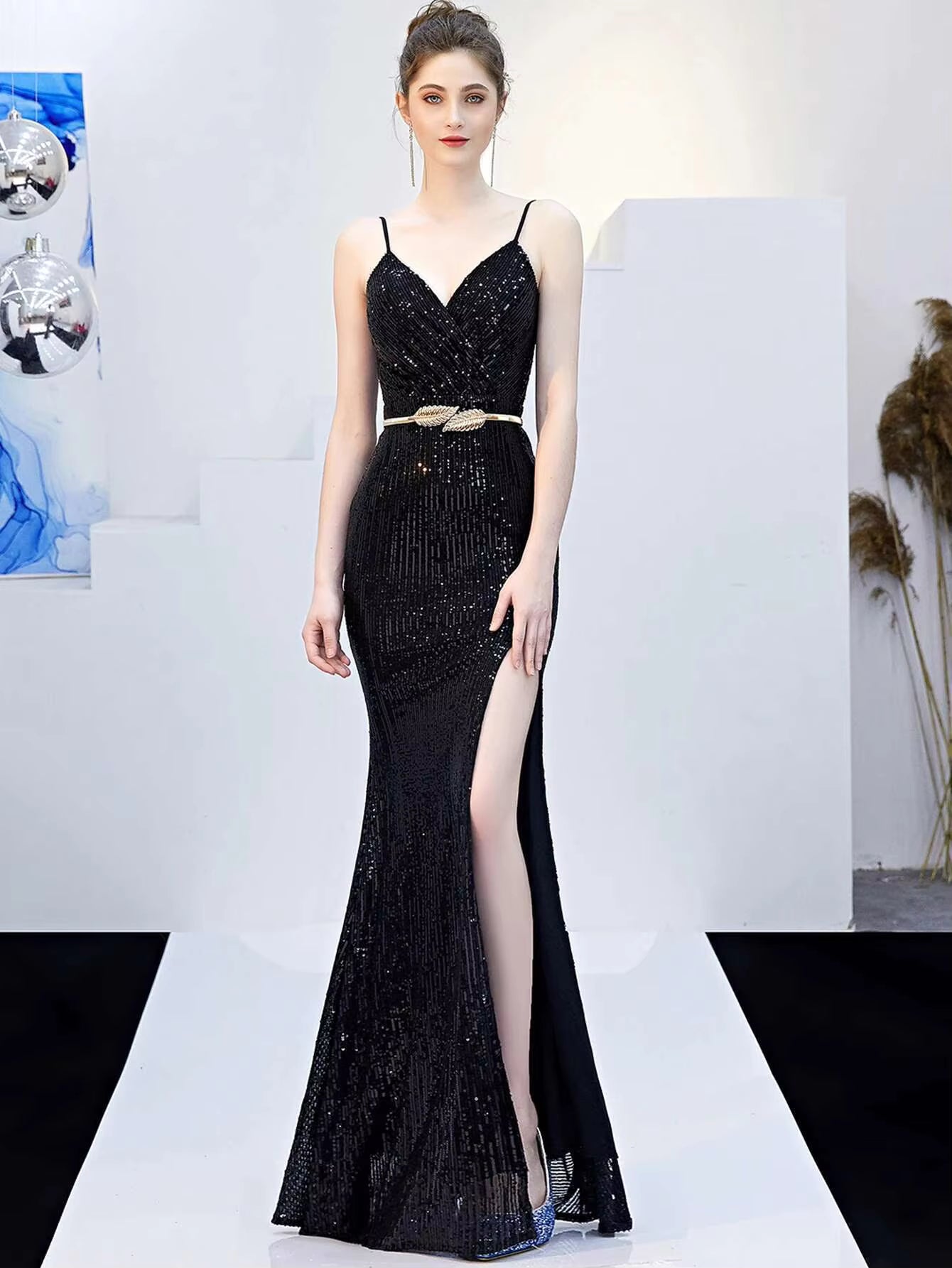 Elegant Fshtail Prom Backless Floor-Length Sequin Slip Long Dresses
