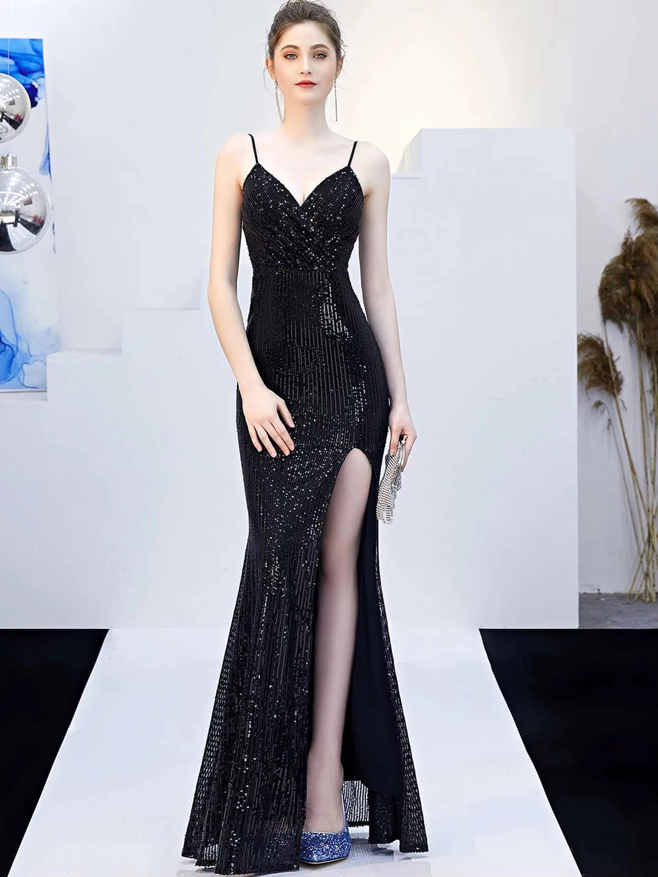 Elegant Fshtail Prom Backless Floor-Length Sequin Slip Long Dresses
