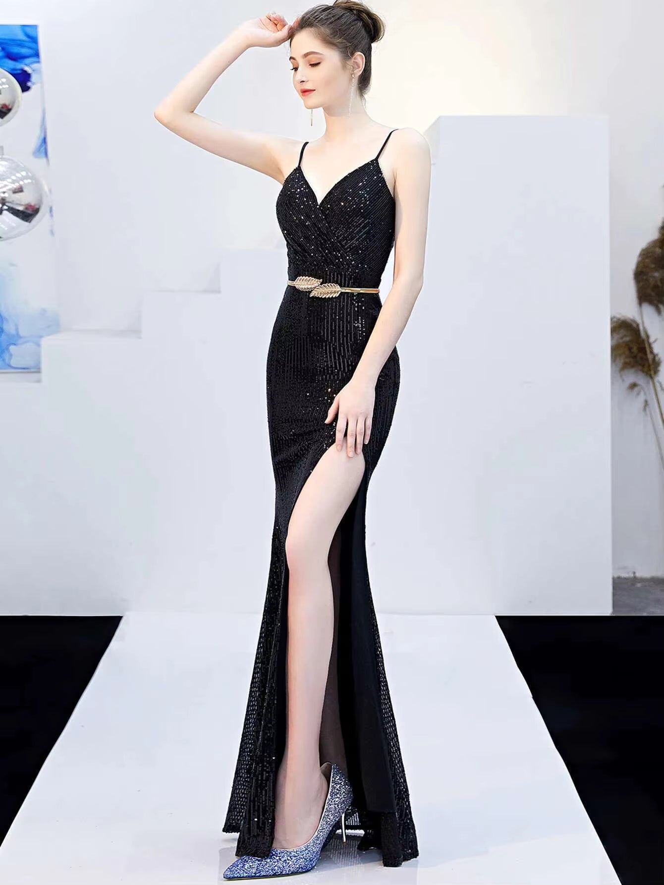 Elegant Fshtail Prom Backless Floor-Length Sequin Slip Long Dresses