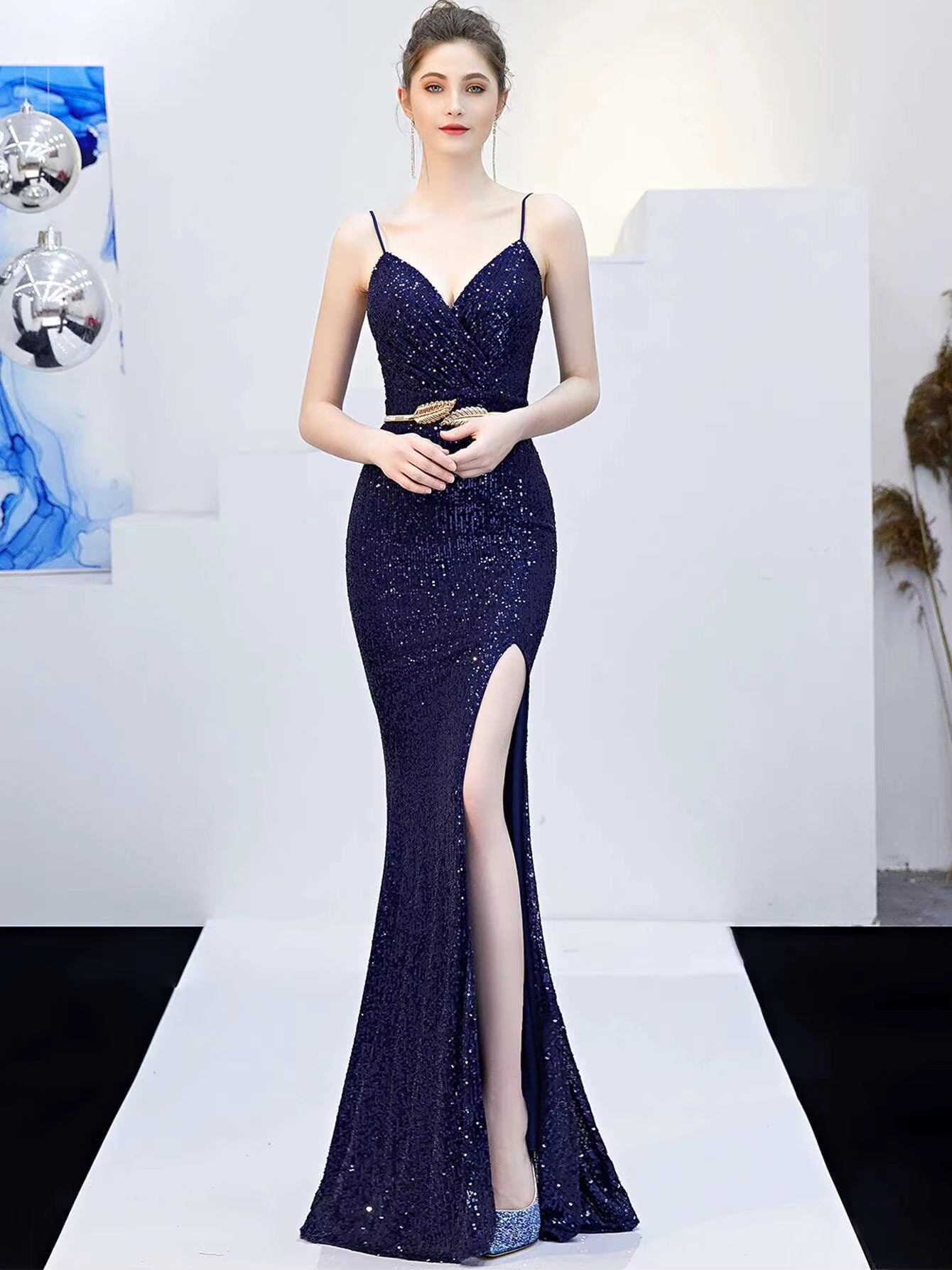 Elegant Fshtail Prom Backless Floor-Length Sequin Slip Long Dresses