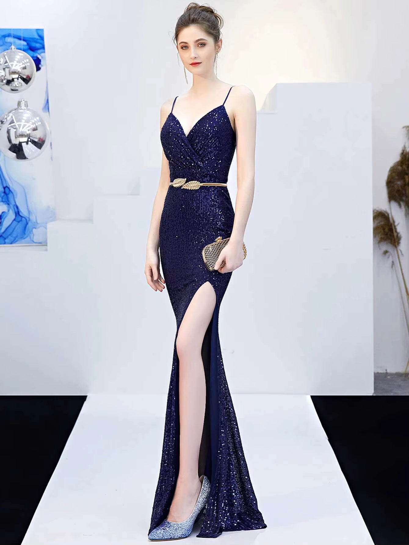 Elegant Fshtail Prom Backless Floor-Length Sequin Slip Long Dresses