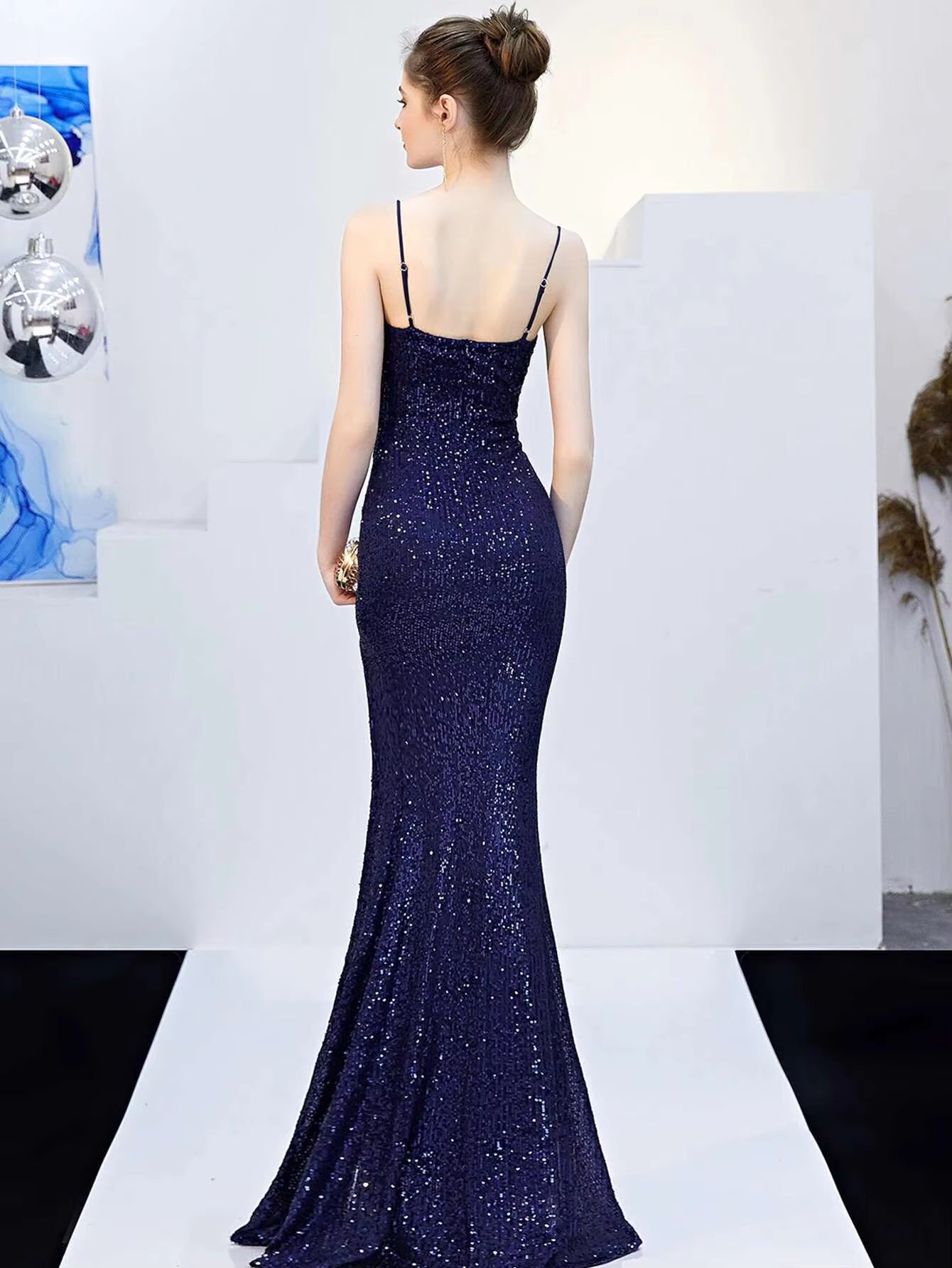 Elegant Fshtail Prom Backless Floor-Length Sequin Slip Long Dresses