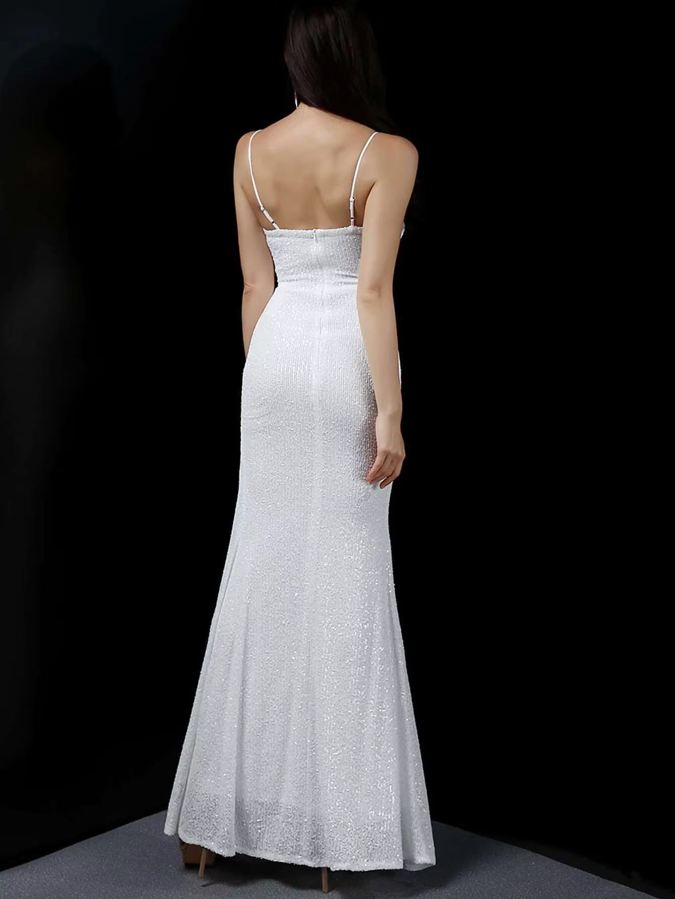 Elegant Fshtail Prom Backless Floor-Length Sequin Slip Long Dresses