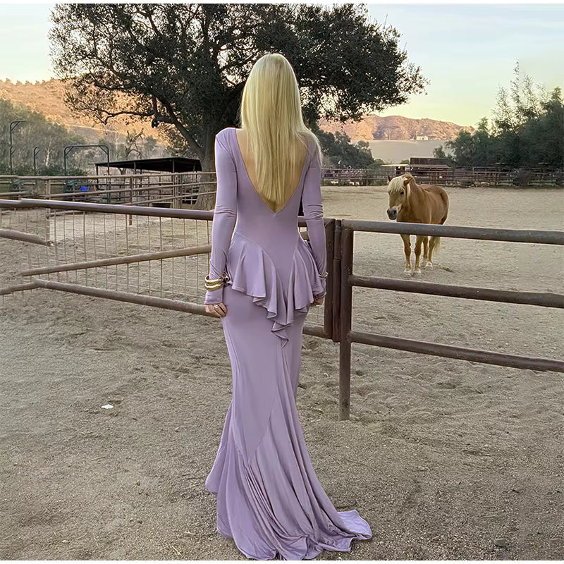 Elegant Full Sleeve Backless Fold High Waist Split Long Maxi Dress