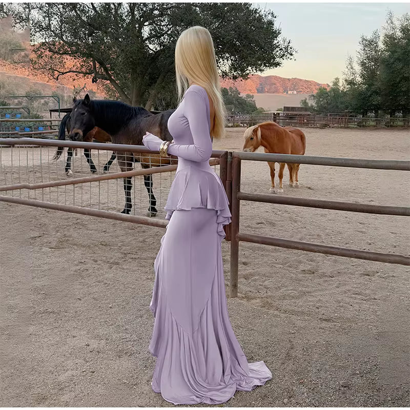 Elegant Full Sleeve Backless Fold High Waist Split Long Maxi Dress