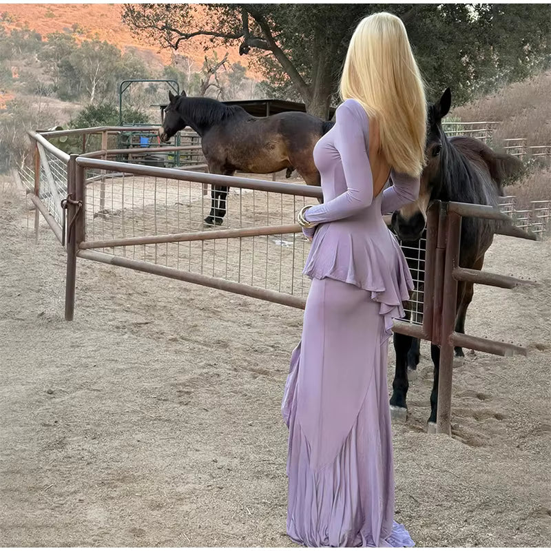 Elegant Full Sleeve Backless Fold High Waist Split Long Maxi Dress
