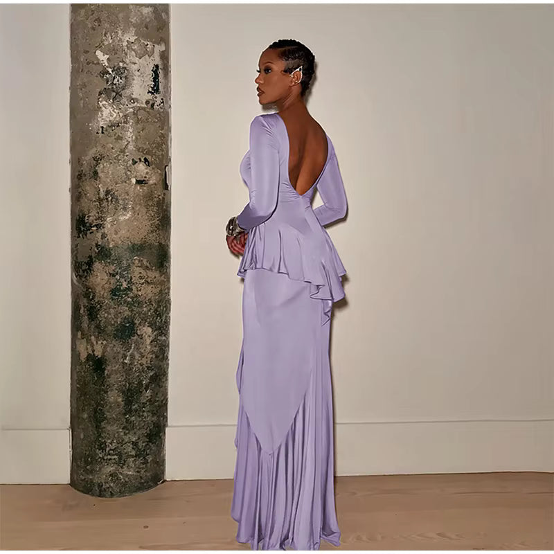 Elegant Full Sleeve Backless Fold High Waist Split Long Maxi Dress