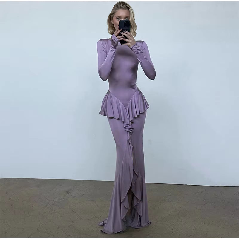 Elegant Full Sleeve Backless Fold High Waist Split Long Maxi Dress