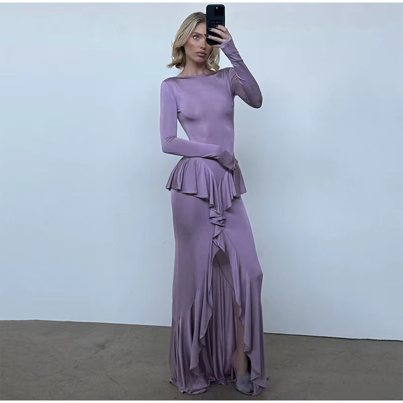 Elegant Full Sleeve Backless Fold High Waist Split Long Maxi Dress