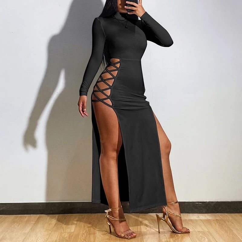 Elegant Full Sleeve  Split hollow Long Party Dress