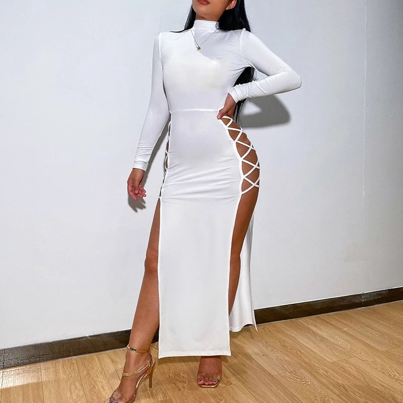 Elegant Full Sleeve  Split hollow Long Party Dress