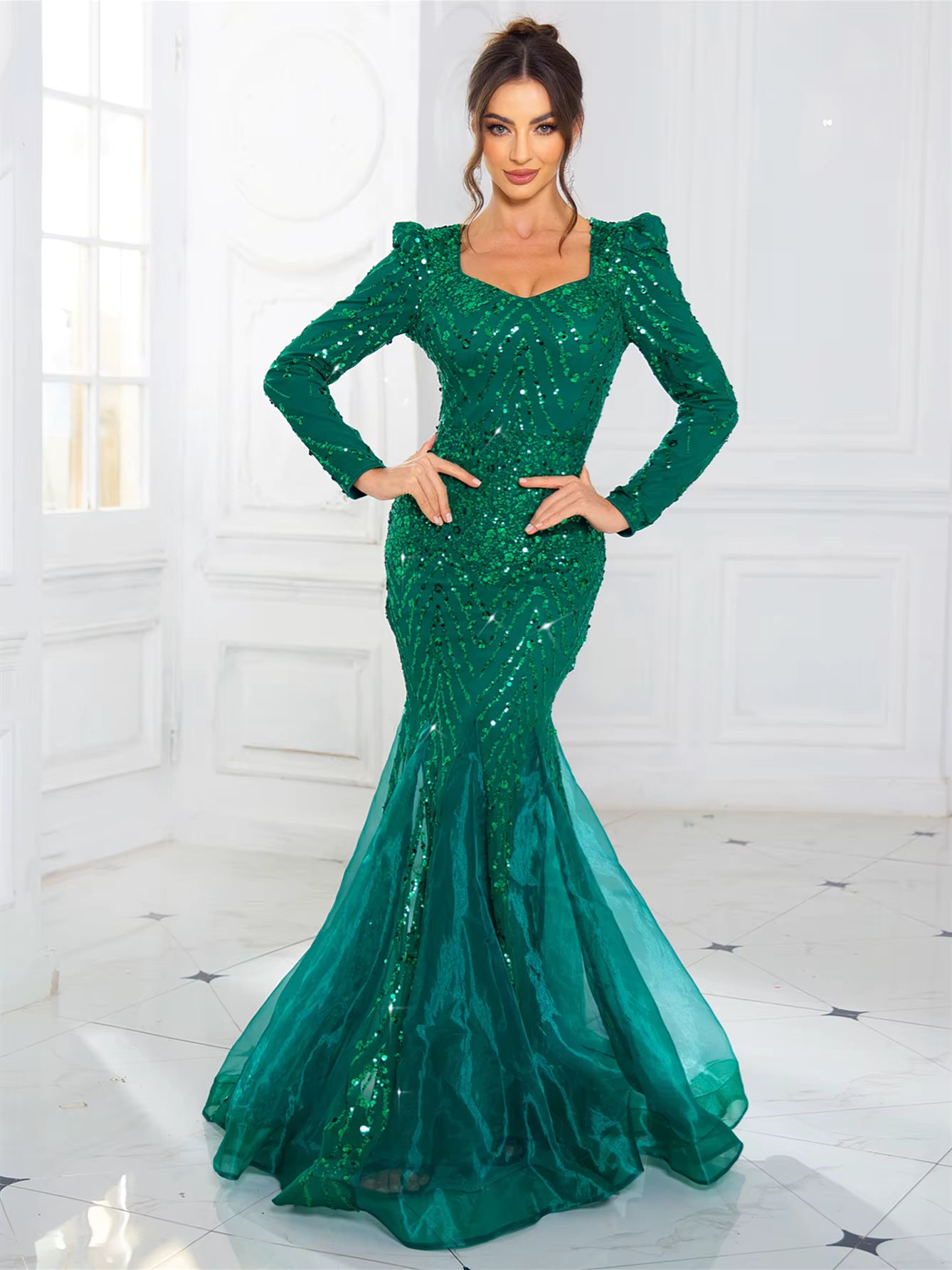 Elegant Full Sleeved Patchwork V Neck Fishtail Sparkle Sequined Evening Party Maxi Dress
