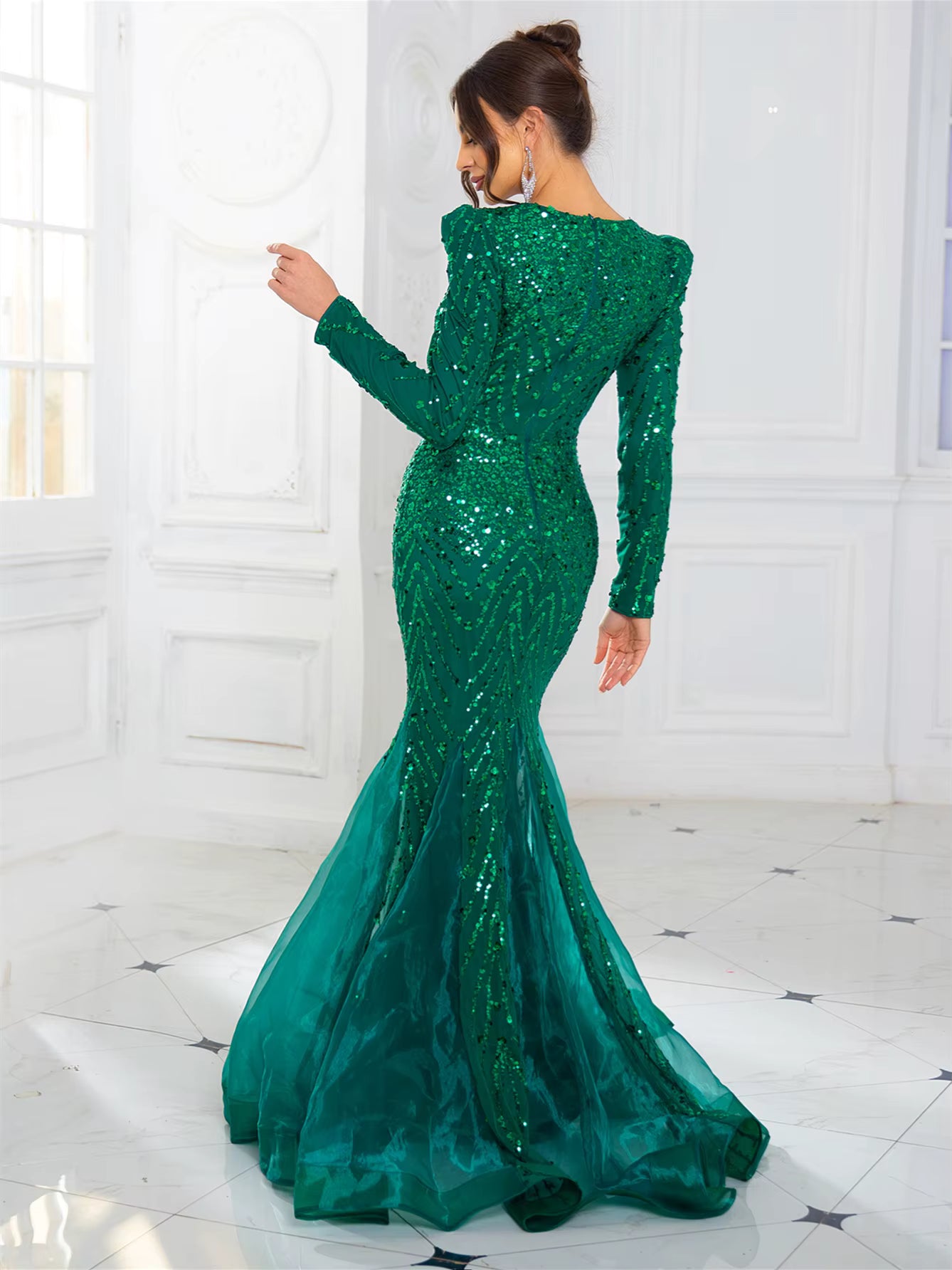 Elegant Full Sleeved Patchwork V Neck Fishtail Sparkle Sequined Evening Party Maxi Dress