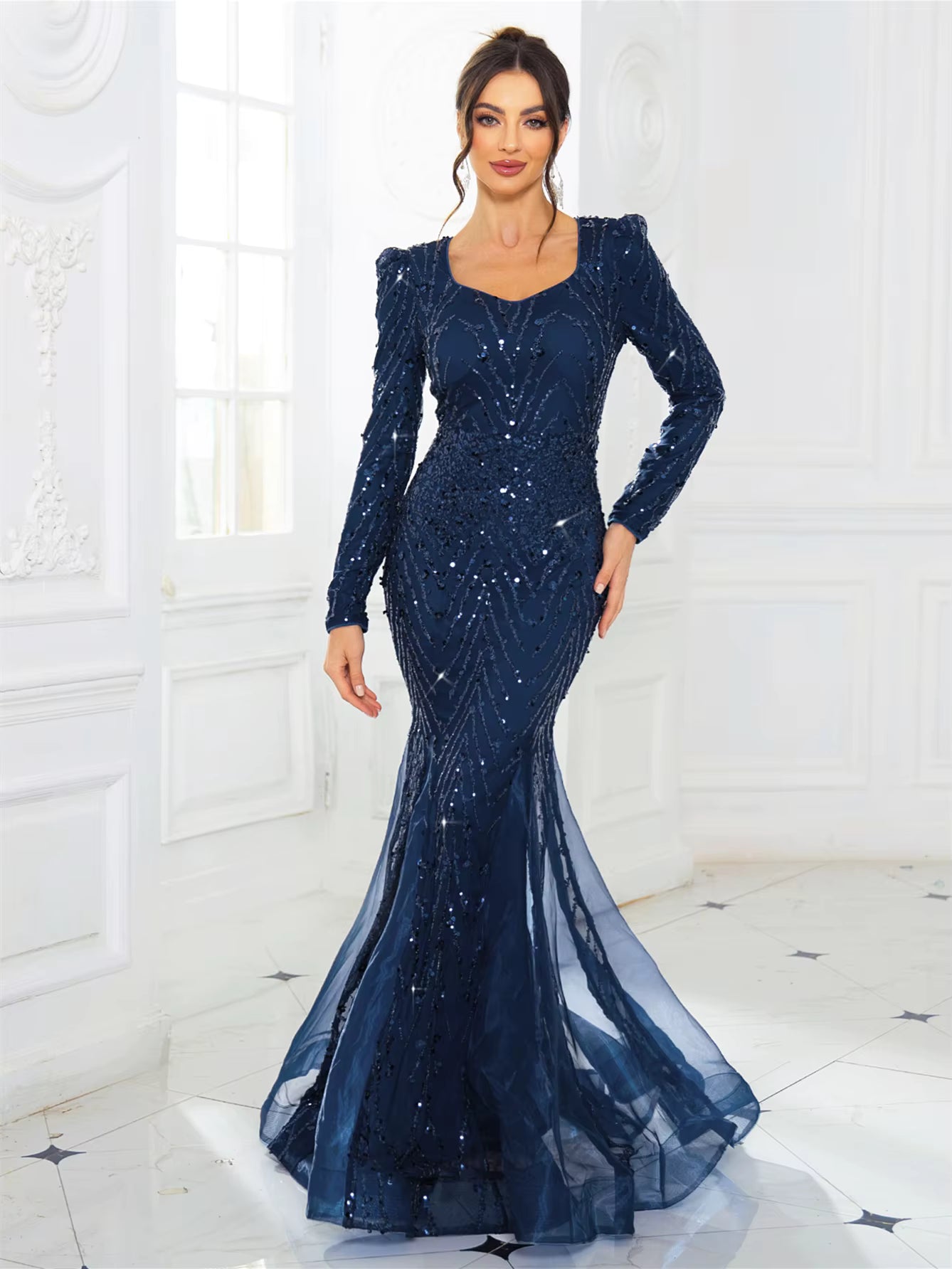 Elegant Full Sleeved Patchwork V Neck Fishtail Sparkle Sequined Evening Party Maxi Dress