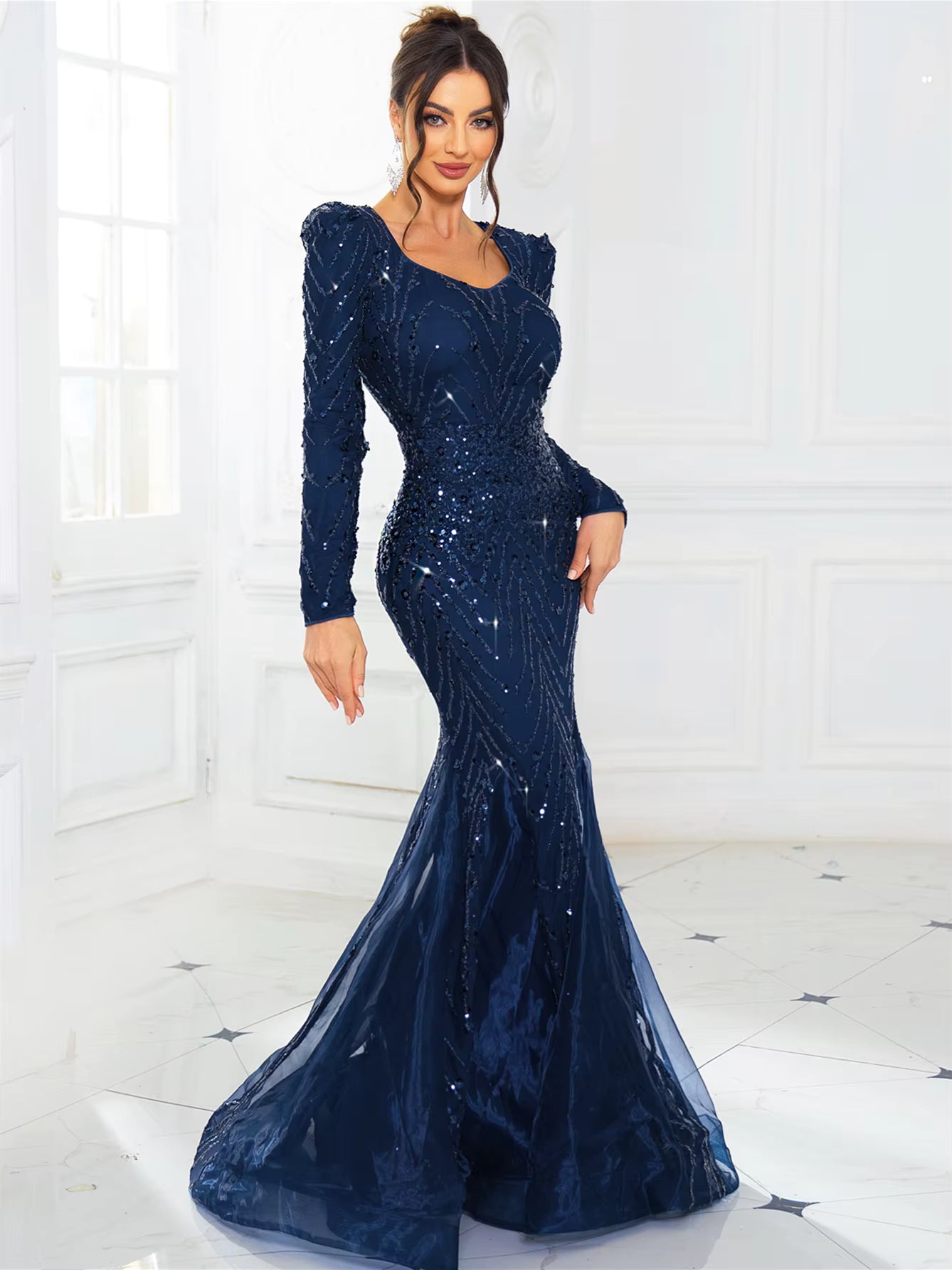 Elegant Full Sleeved Patchwork V Neck Fishtail Sparkle Sequined Evening Party Maxi Dress