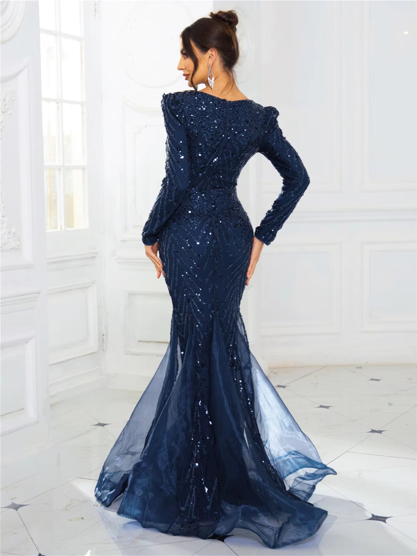 Elegant Full Sleeved Patchwork V Neck Fishtail Sparkle Sequined Evening Party Maxi Dress