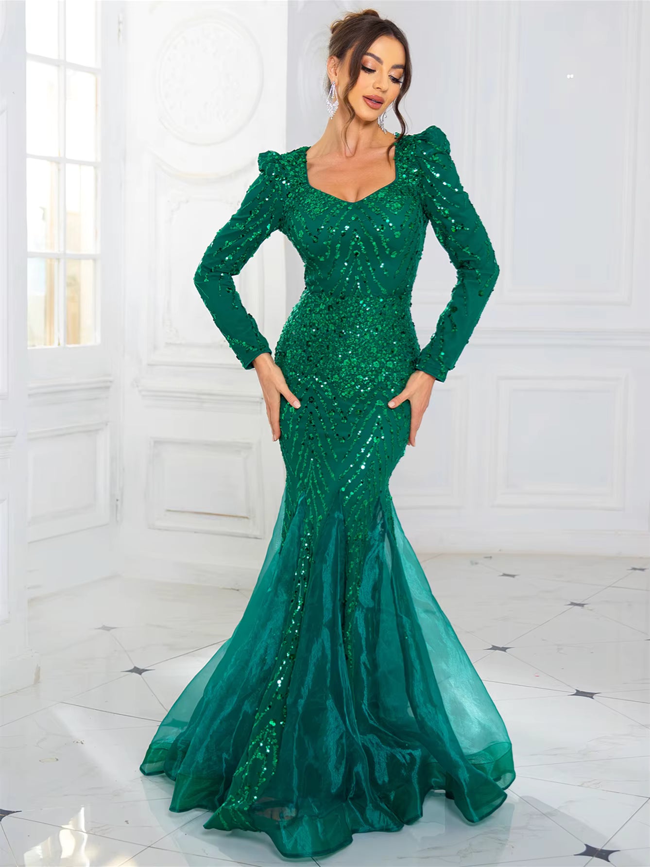 Elegant Full Sleeved Patchwork V Neck Fishtail Sparkle Sequined Evening Party Maxi Dress